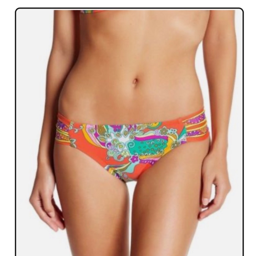 Trina Turk Sea Garden Shirred Tab Hipster Bikini Bottom Orange Multi Size 10